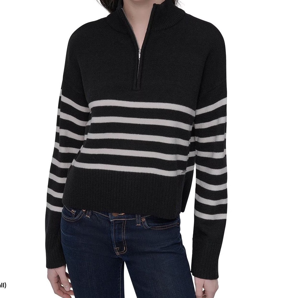 DKNY Womens Striped Quarter Zip Sweater Black‎ White Mock Neck Medium NWT